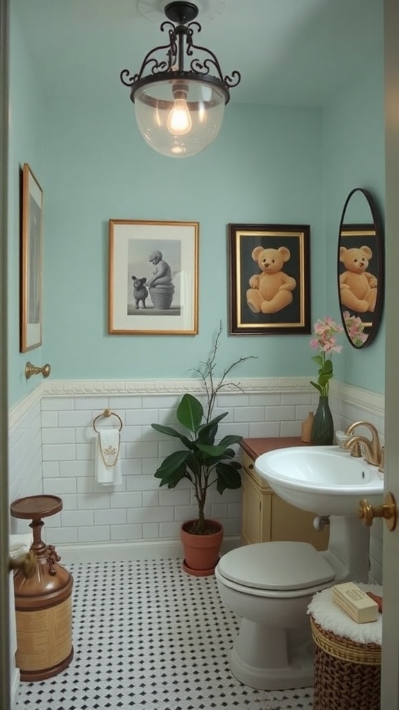 A soft mint bathroom featuring teddy bear artwork, a plant, and vintage lighting.