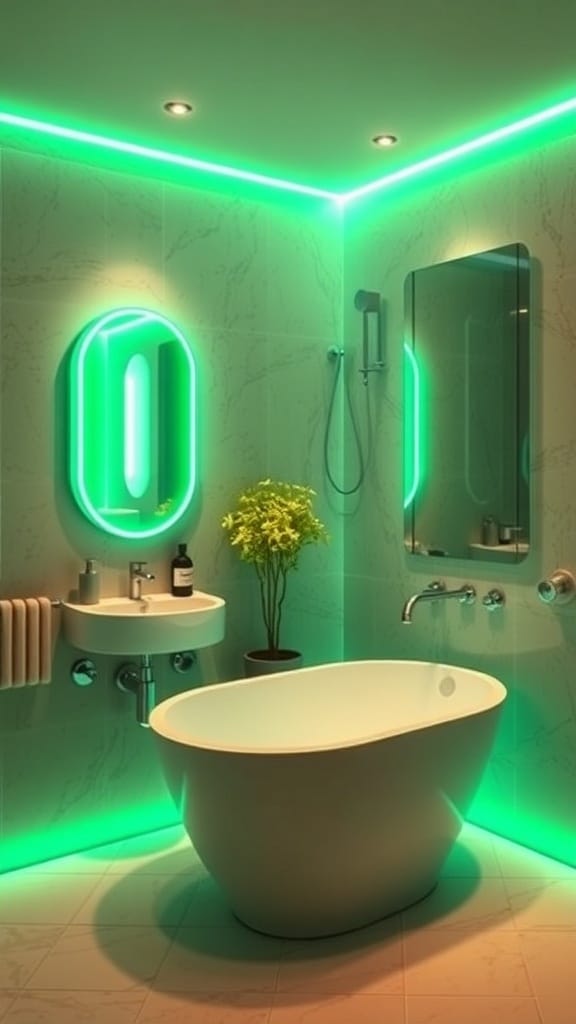 A modern bathroom featuring green lighting fixtures and emerald green tiles.