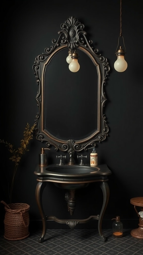A vintage black bathroom featuring an ornate mirror, elegant lighting, and natural decor elements.