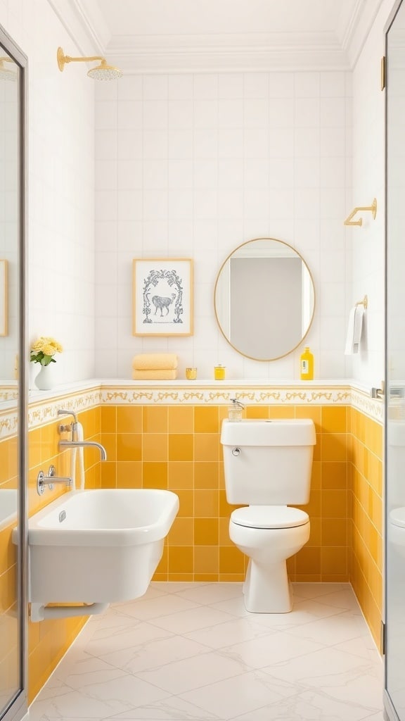 A modern bathroom featuring mustard yellow tiles and white walls, with gold accents and decorative elements.