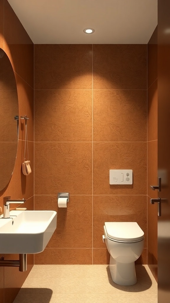 A modern bathroom featuring caramel-colored walls with white fixtures including a sink and toilet.