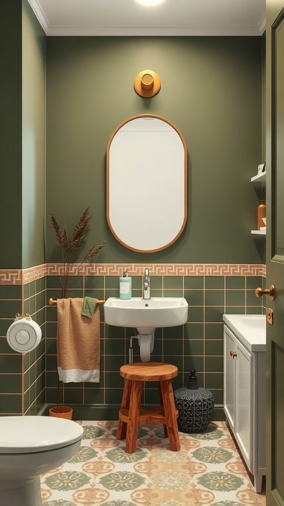 A cozy bathroom featuring olive green walls, warm beige accents, and a wooden stool.