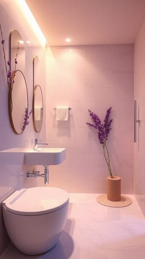 A minimalist lavender bathroom featuring recessed lighting and wall sconces.