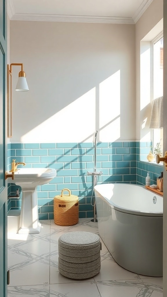 A modern bathroom featuring teal tiles, neutral walls, and stylish decor.