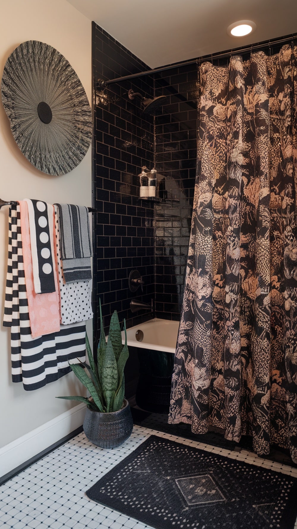 A boho black bathroom featuring patterned shower curtains, towels, and unique floor tiles.