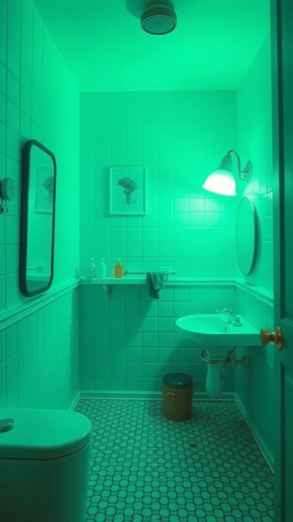A bathroom with mint green lighting fixtures and tiles, creating a soft and inviting atmosphere.