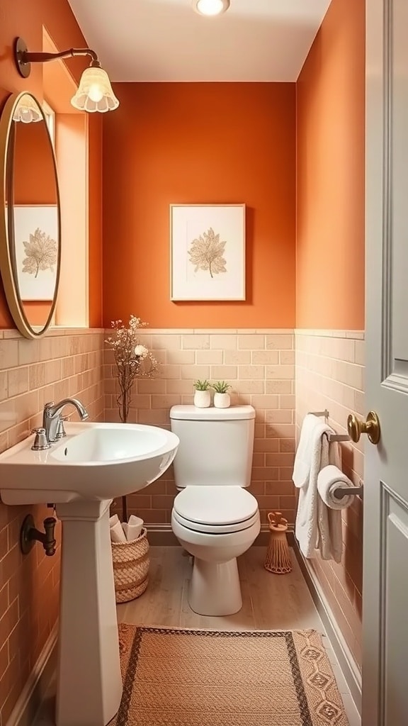 A small bathroom featuring rust orange walls, beige tiles, a white toilet, and a modern sink.