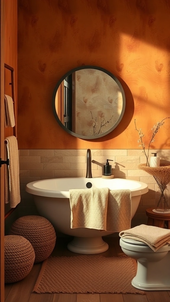 A cozy bathroom featuring burnt sienna walls, a round mirror, a freestanding tub, and soft textures.