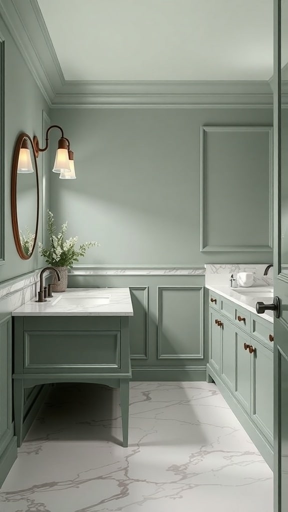 Stylish sage green bathroom with marble countertops and warm lighting