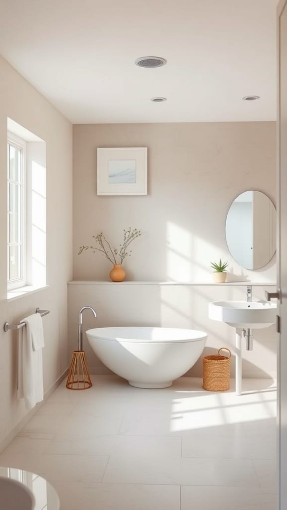 A bright and airy greige bathroom with natural light, featuring a round bathtub, modern sink, and decorative elements.