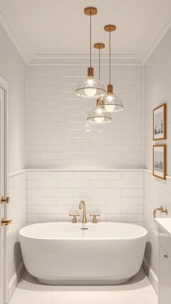 A modern bathroom featuring a white bathtub and three hanging pendant lights with gold accents.