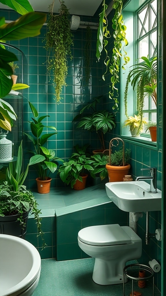 Emerald green bathroom filled with various plants and greenery.