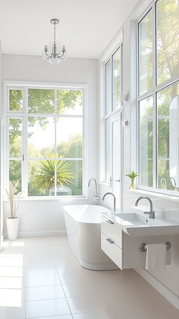 Bright and airy bathroom with large windows and green views