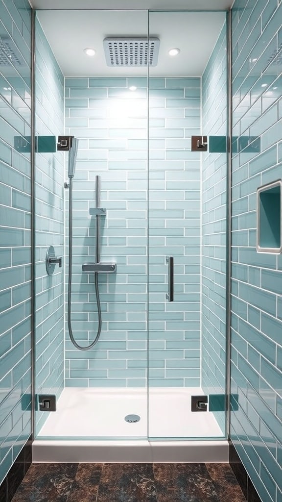 Modern teal shower nook with glass doors and glossy tiles
