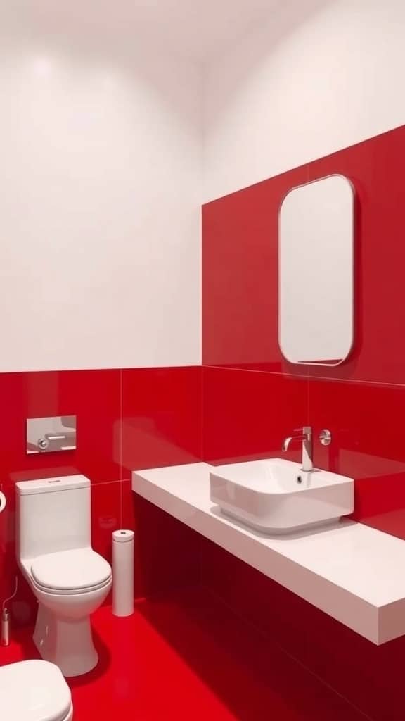 A minimalist bathroom featuring red walls and white fixtures, showcasing a modern design.