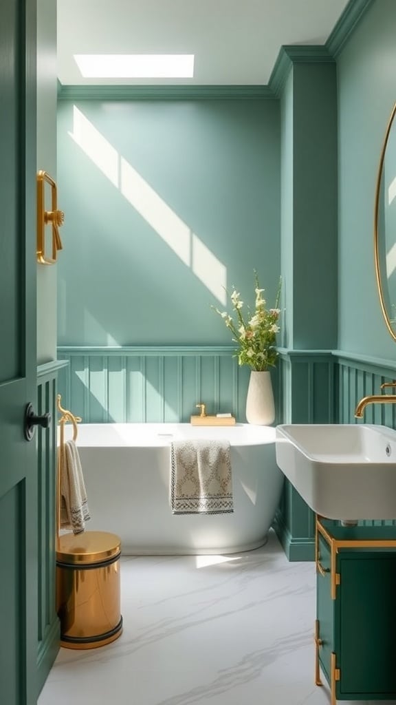 An emerald green bathroom featuring gold fixtures and natural light.