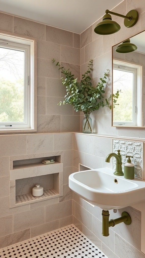 A bathroom featuring an olive green faucet and soap dispenser next to a white sink and round mirror.