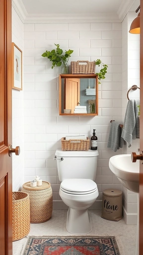 A cozy cream bathroom featuring functional storage solutions, including wooden shelves, woven baskets, and plants.