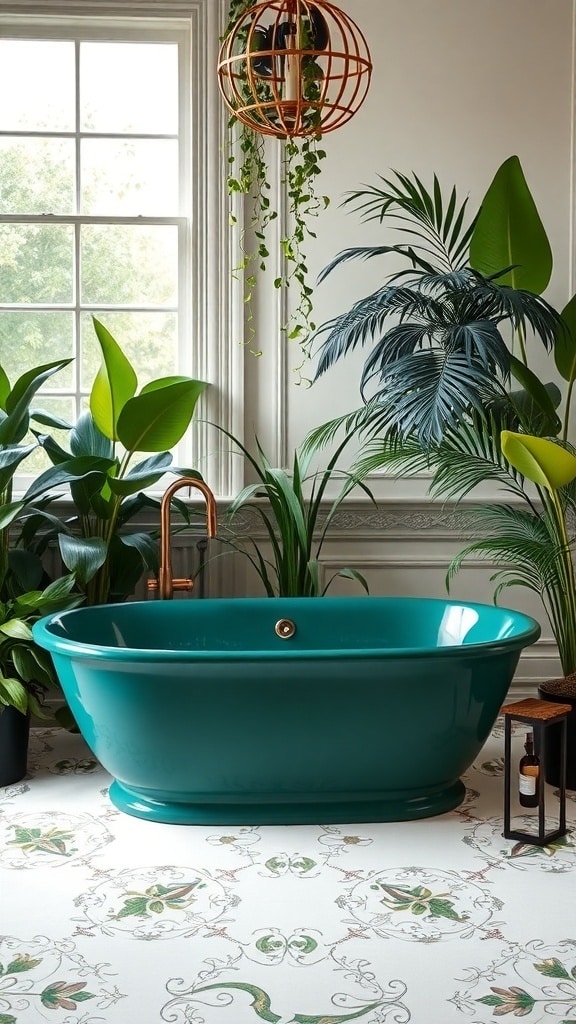 An emerald green bathtub surrounded by plants and a stylish hanging light.
