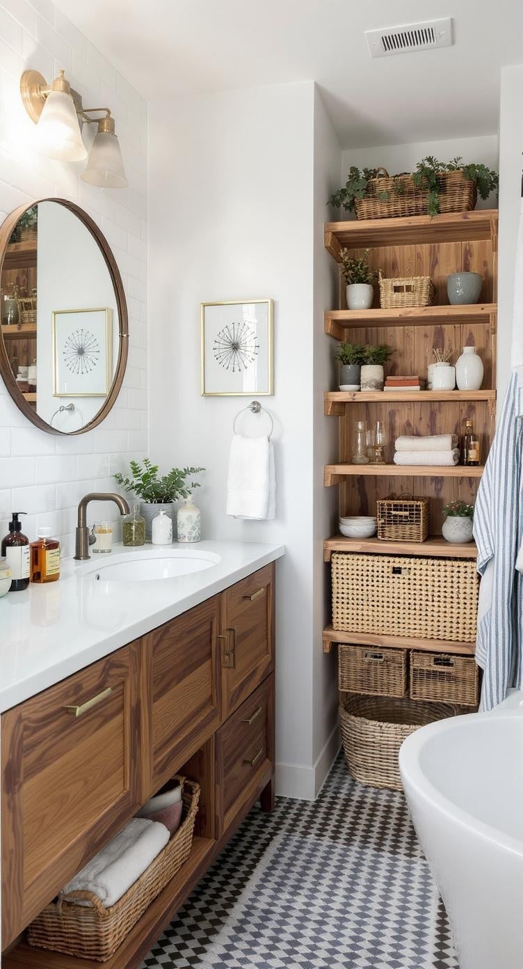 An eclectic bathroom featuring a mix of modern and antique styles, with a white sink, round wooden mirror, patterned floor tiles, and plants.