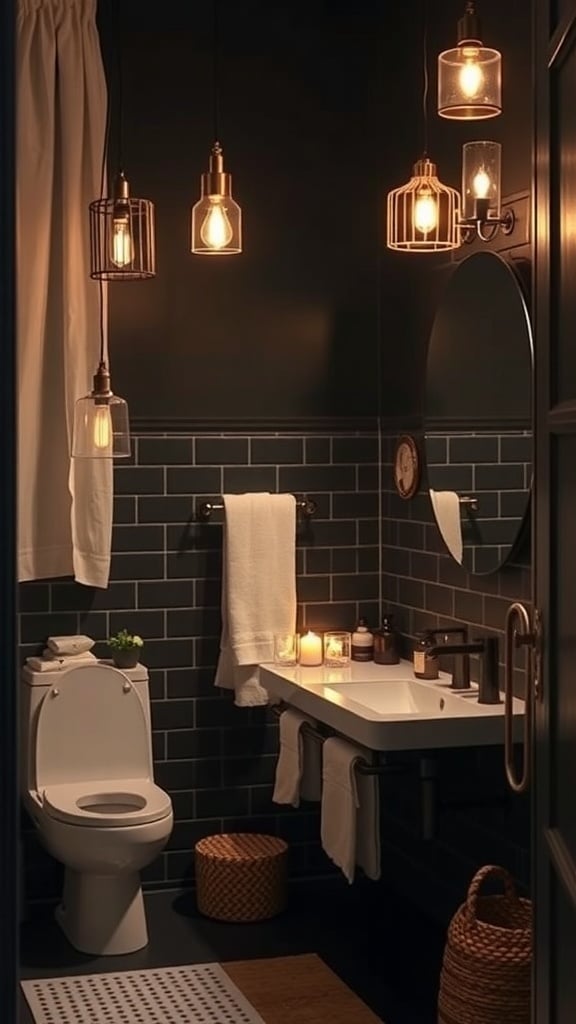 A stylish black bathroom featuring unique pendant lighting fixtures.