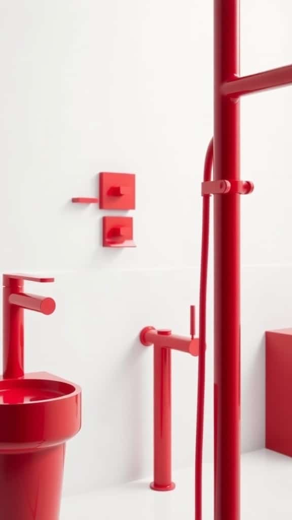 A minimalist bathroom featuring sleek red fixtures against a white background.