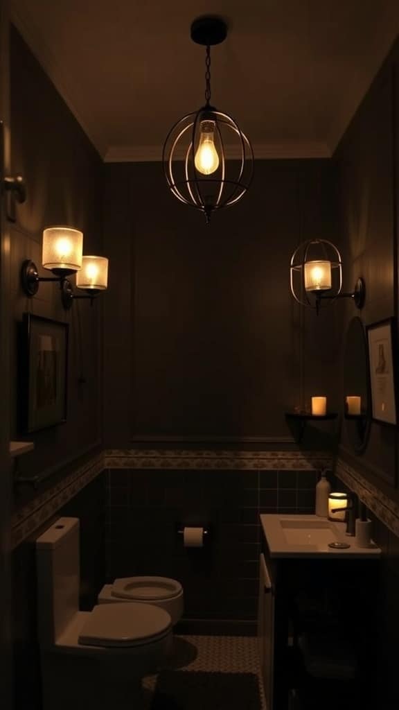 A dark bathroom featuring layered lighting with a central pendant light and wall sconces.