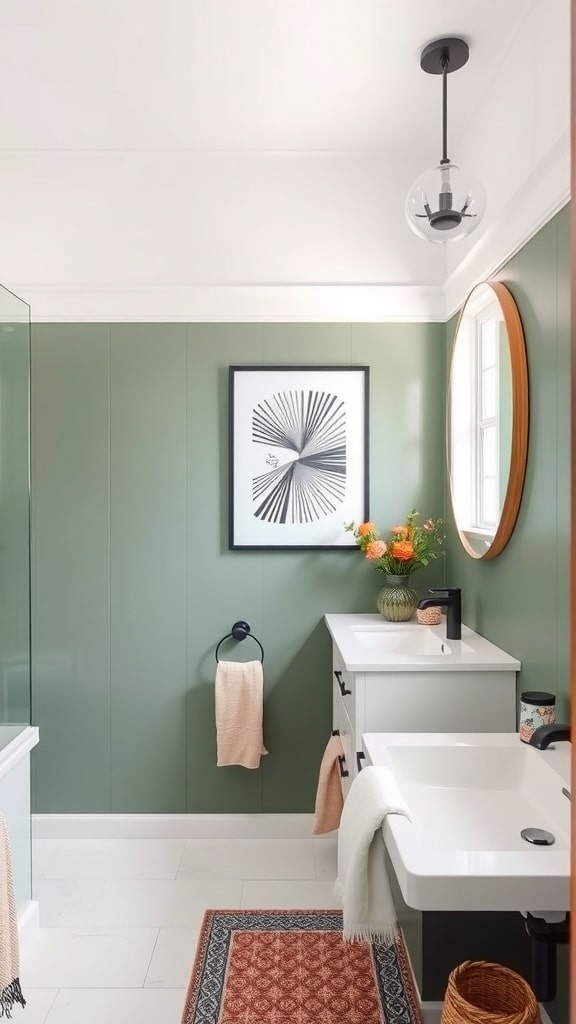 Stylish bathroom with sage green accent wall, modern fixtures, and decorative elements.