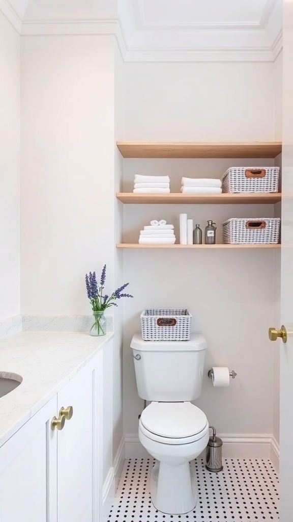 Minimalist bathroom with open shelving, lavender accents, and organized storage