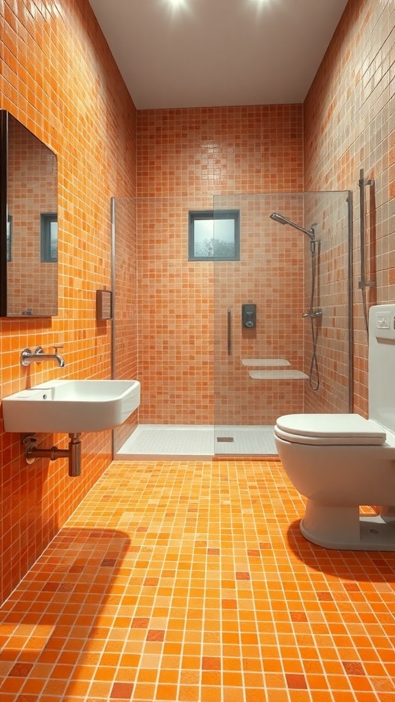 A modern bathroom featuring vibrant orange mosaic tiles on the walls and floor.