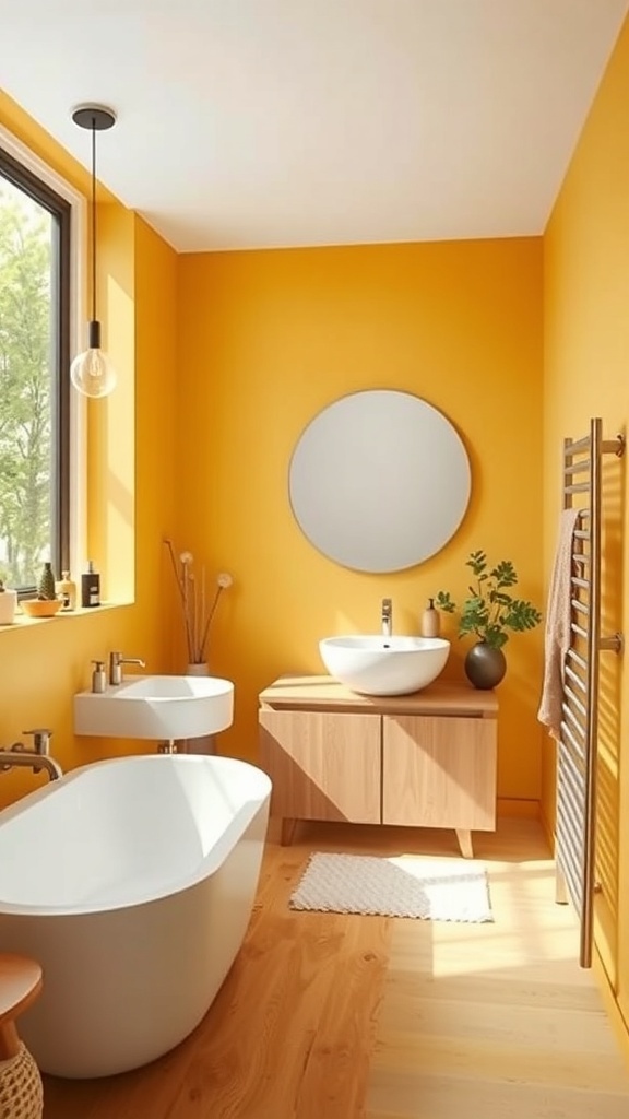 A modern bathroom featuring mustard yellow walls, a white bathtub, and wooden flooring.