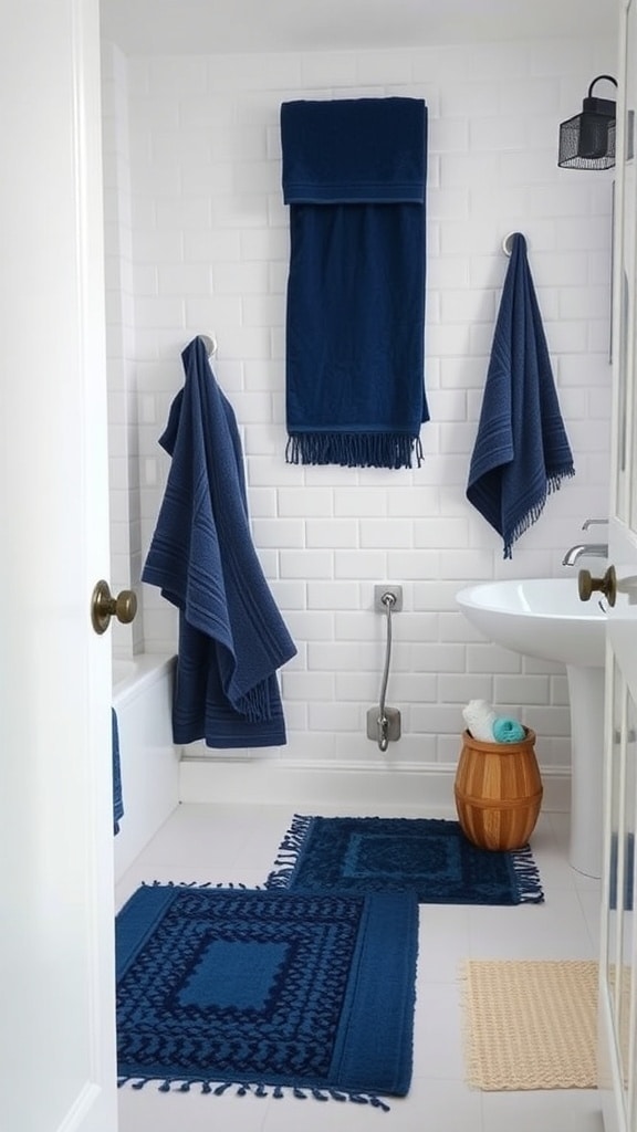 A navy blue themed bathroom with towels and rugs in various shades of blue.
