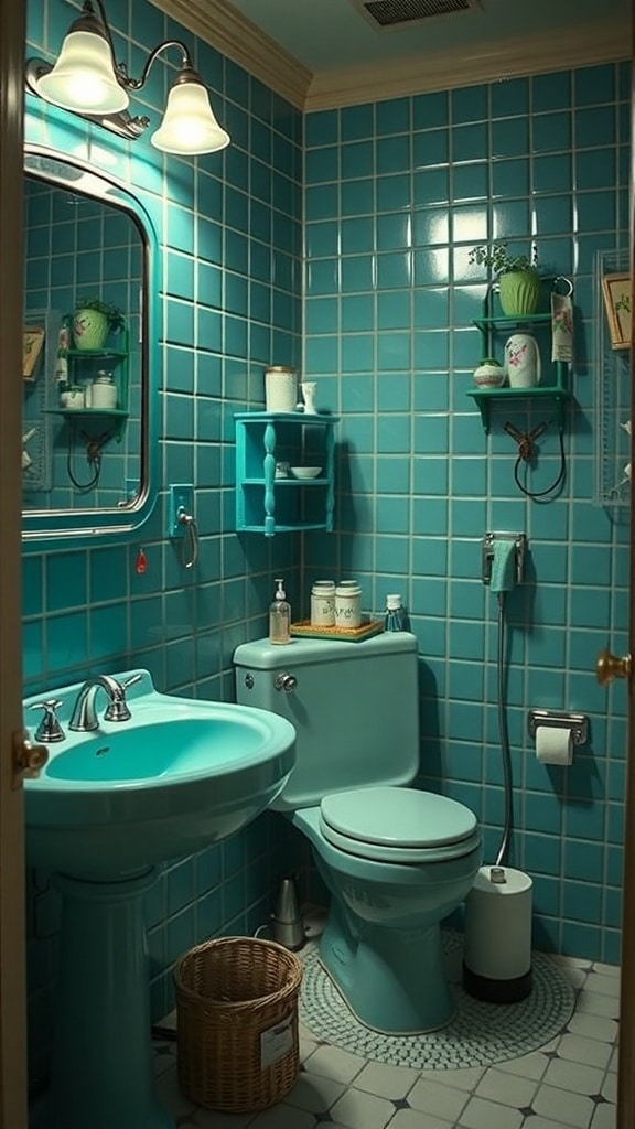 A vintage-style bathroom featuring soft green tiles, a classic sink, and decorative elements.