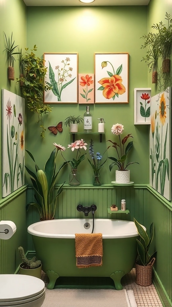 Cozy green bathroom featuring botanical wall art and plants