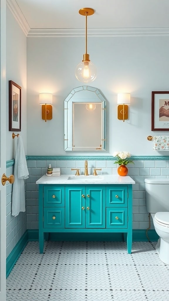A teal bathroom vanity with chic lighting and a marble countertop.