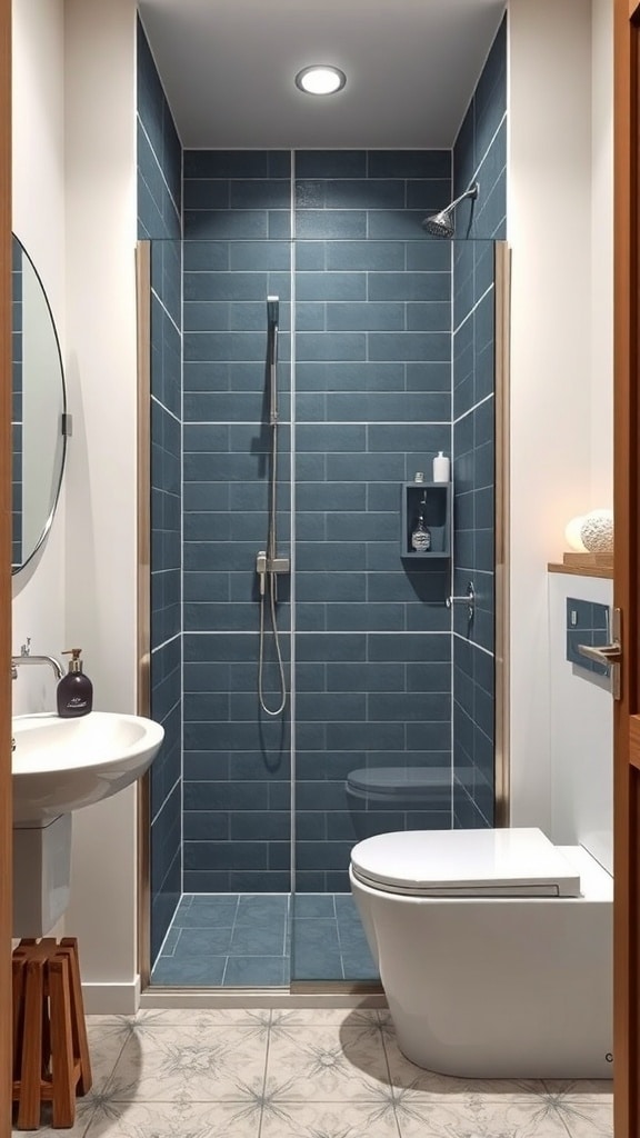 A small bathroom featuring slate blue tiles, a glass shower enclosure, and a compact sink and toilet.