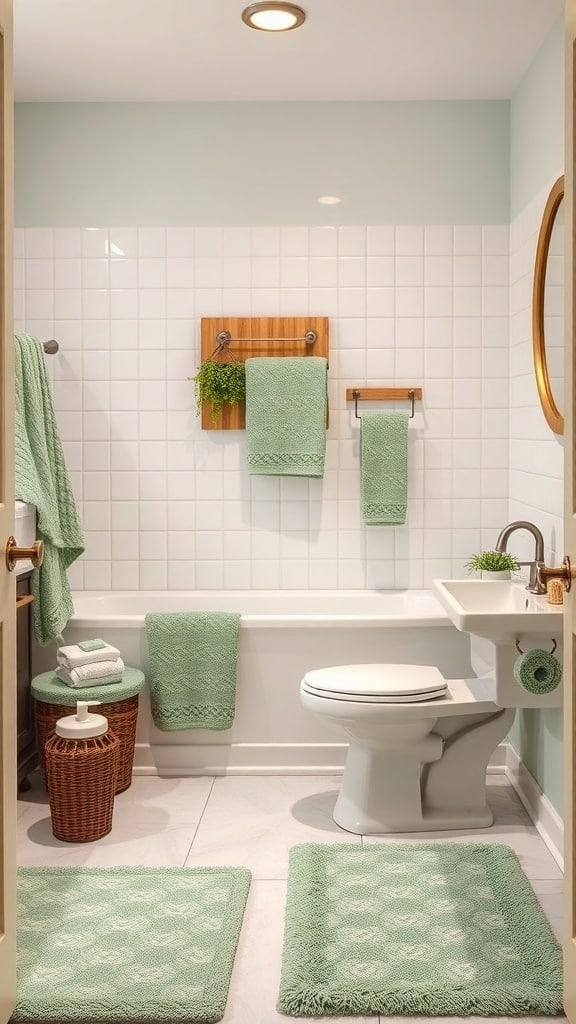 A stylish sage green bathroom featuring towels, mats, and a plant in a cohesive design.