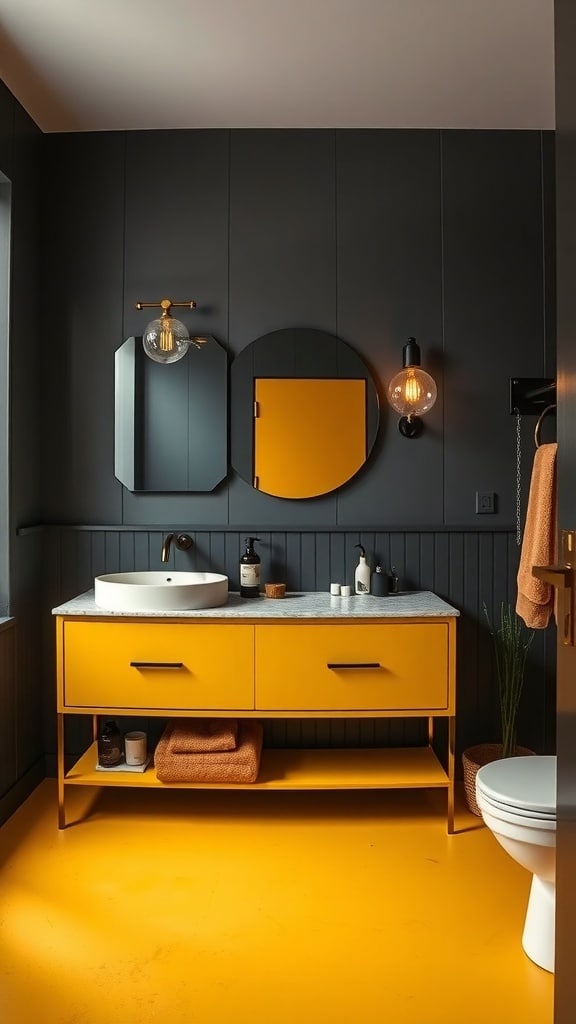 Modern bathroom featuring a mustard yellow vanity with dark walls and a marble countertop.