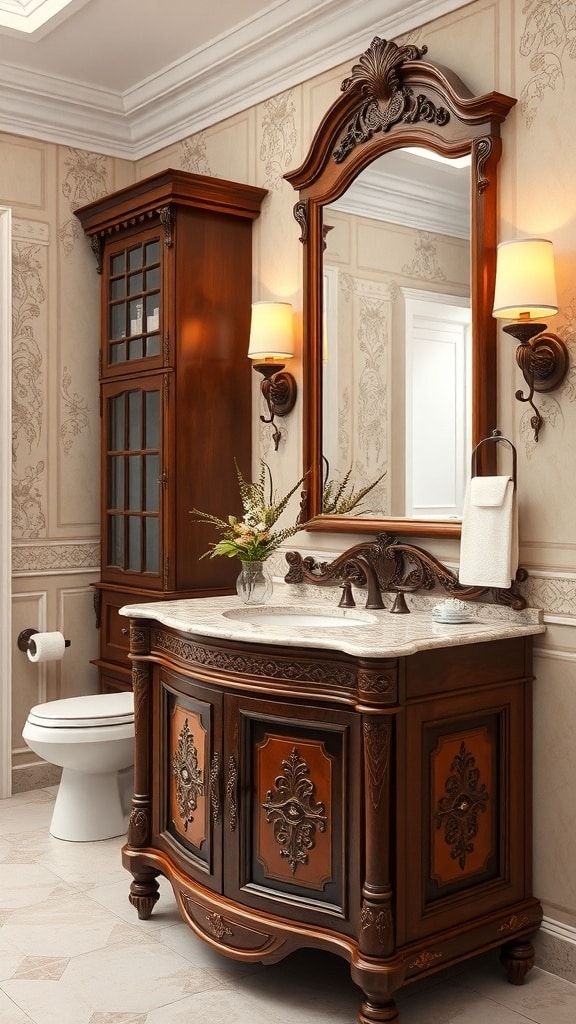 A beautifully crafted brown bathroom vanity with a marble countertop and elegant mirror.