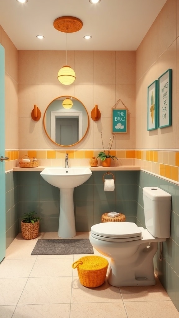 A mid-century beige bathroom featuring bold accent colors with orange and teal tiles, round mirror, and playful accessories.