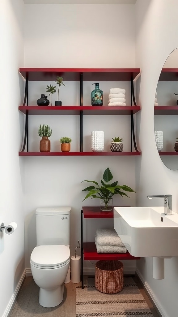 A minimalist burgundy shelving unit in a bathroom, featuring decorative items and towels.