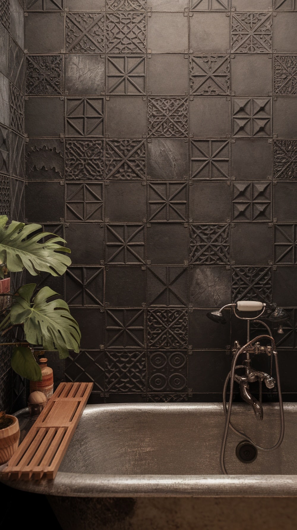 Textured black tiles on a bathroom wall