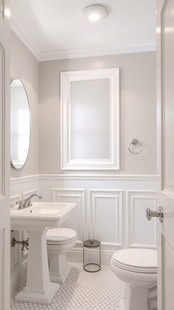 A bathroom featuring soft greige walls, white accents, and a stylish design.