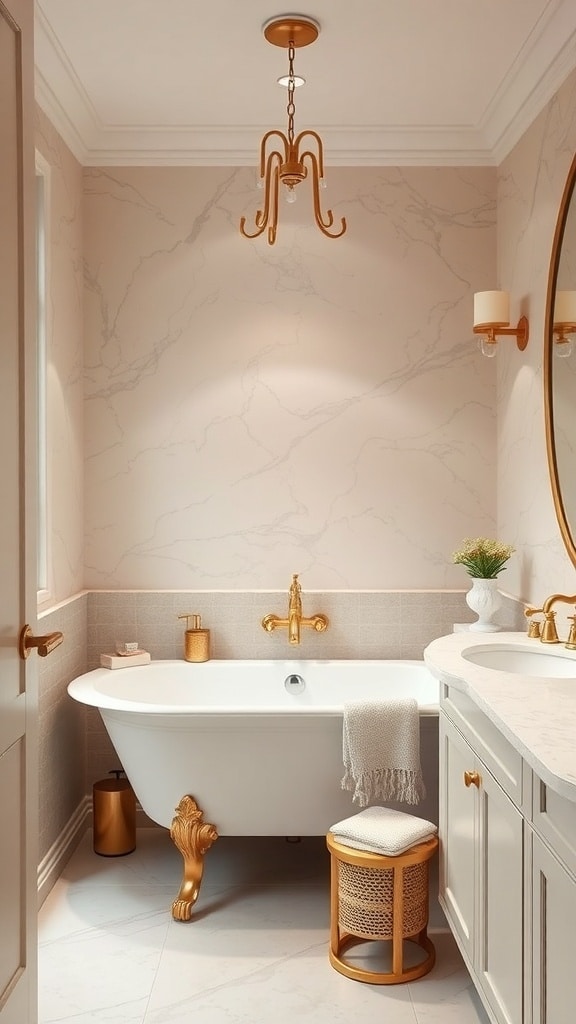 A stylish bathroom featuring greige walls and gold accents, including a clawfoot tub and elegant fixtures.