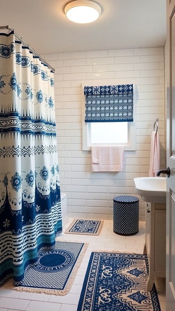 A mid-century bathroom featuring indigo textiles with mixed patterns, including floral and geometric designs.