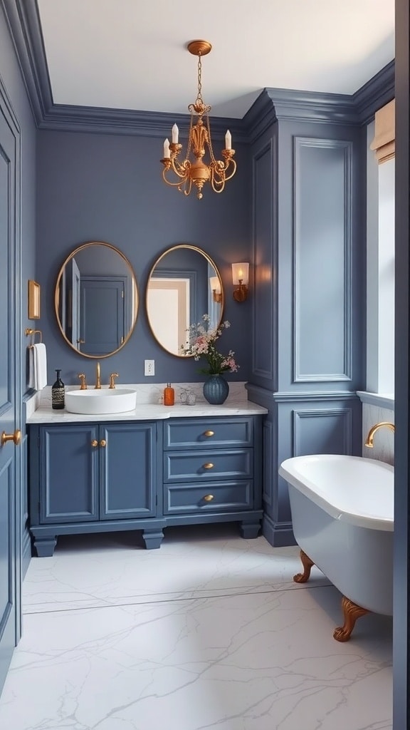 A stylish bathroom featuring a blue vanity with gold accents, elegant mirrors, and a luxurious bathtub.