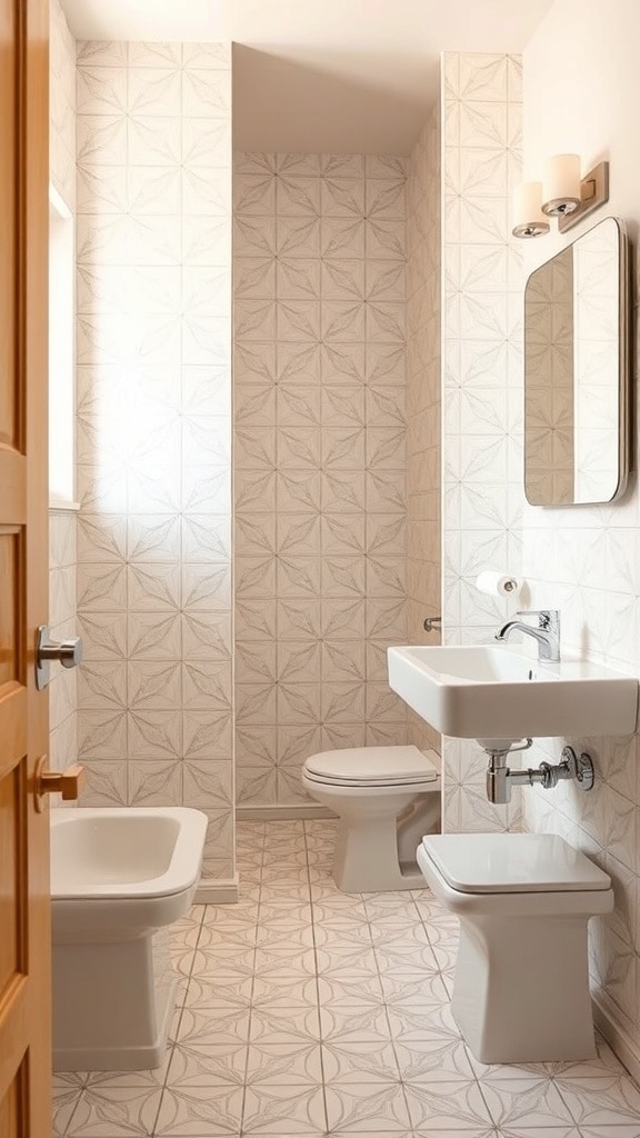 A mid-century beige bathroom featuring geometric tile patterns on the walls and floor, with modern fixtures and a wooden door.