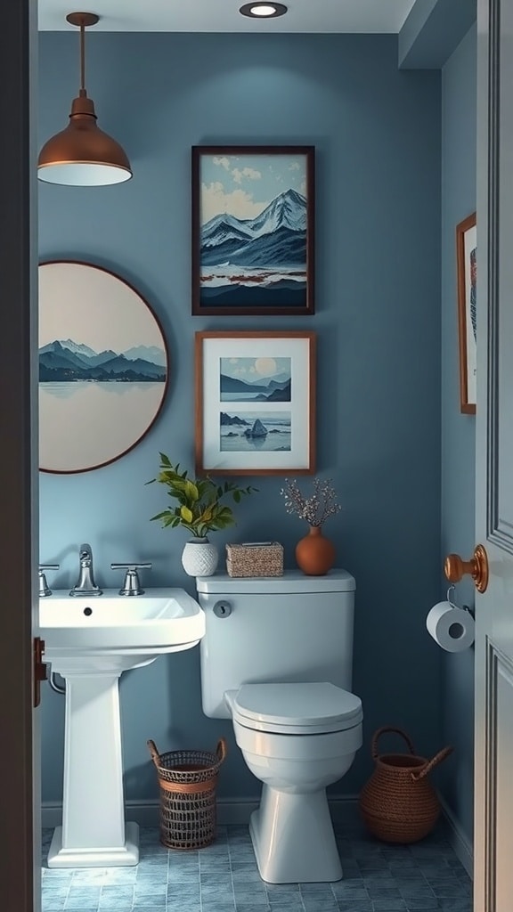 A cozy bathroom with earthy blue walls, framed artwork, and decorative plants.