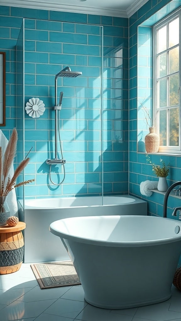 A serene bathroom featuring peacock blue tiles, a modern shower, and a stylish bathtub.