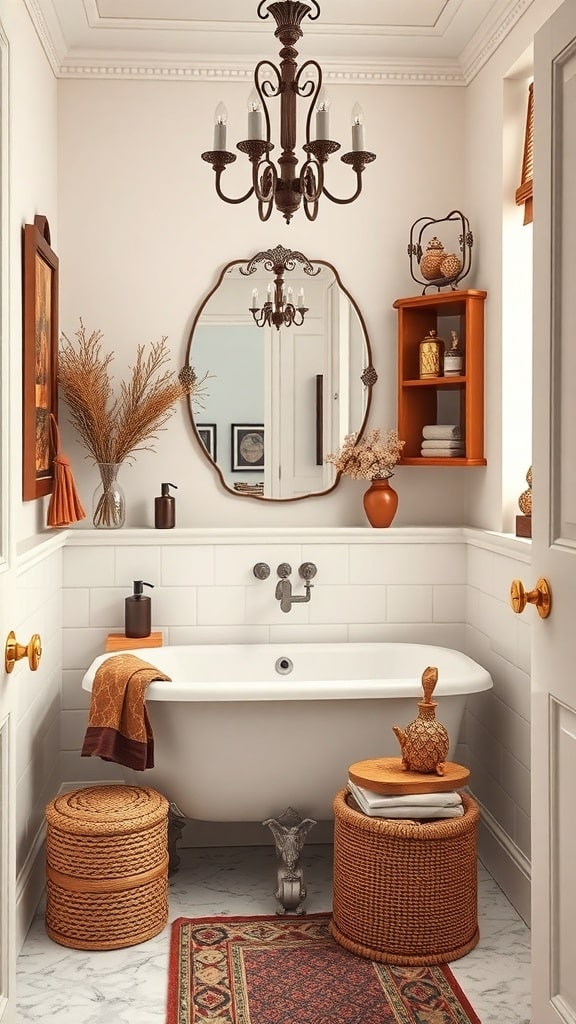 A chic brown-themed bathroom featuring a bathtub, chandelier, and decorative accessories.